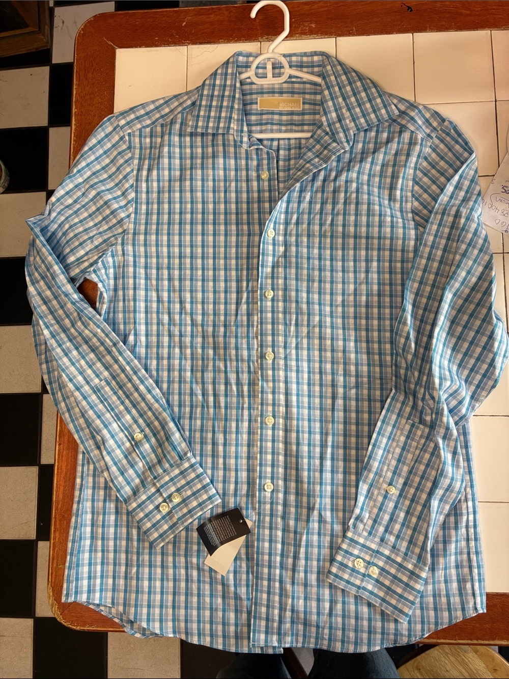 Michael Kors Blue and White Checked Men's Dress Shirt